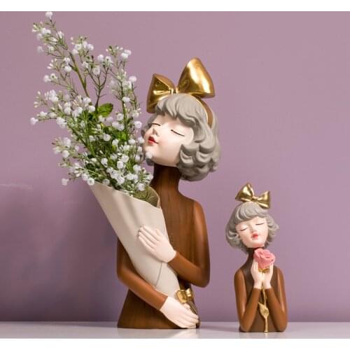 Bowknot Modern Girls Sculpture Decoration Resin Vase+Fake Flower Accessories Home Livingroom Table Flower Pot Figurines Crafts