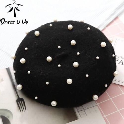 DRESSUUP Autumn Winter New Cashmere Luxury Beret Starry Beaded Pearl Rivet Wool Beret Girls Flat Cap Beret for Women