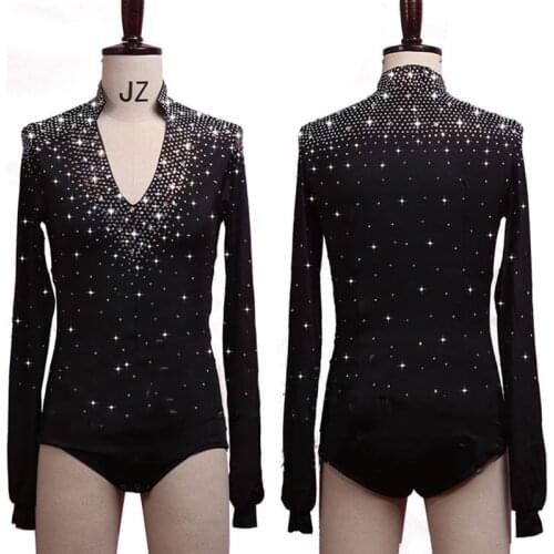 Sparkly Rhinestones Latin Dance Tops for Men White Black Color V-neck Shirts Dance Bodysuit Male Latin Dance Competition Costume