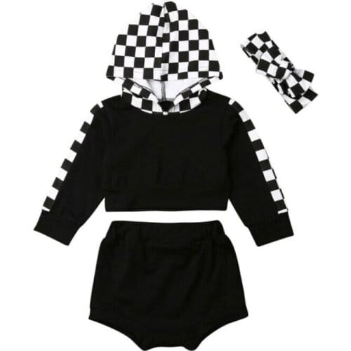 Boutique Girl Clothes Toddler Baby Girl Clothes Long Sleeve Plaids Hooded Tops+Shorts+Headband Outfit Tracksuit
