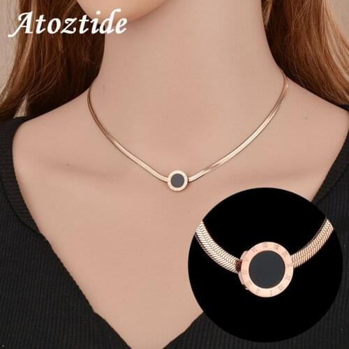 Atoztide High Qualtiy Roman Numbers Shell Flat Snake Chain Necklace Women Adjustable Rose Gold Color Clavicular Chain Chokers