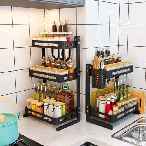2/3 Layers Kitchen Rack Spice Organizer Multi-function Wall Hanging Floor Stainless Steel Knife Holder Storage Shelf Countertop
