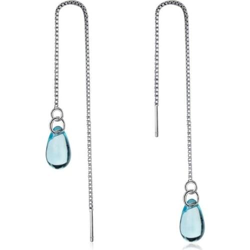 New Creative Temperament Long Ear Line 925 Sterling Silver Jewelry Blue Crystal Drop Shaped Exquisite Dangle Earrings SE499