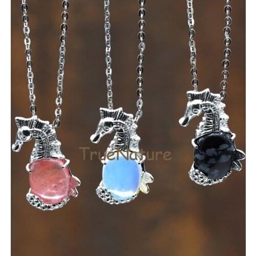 Silver Finish Carved Seahorse Pendant Necklace Healing Stone Pave Charm, Oval Seahorse Statement Necklace In 18 Inch NM7835