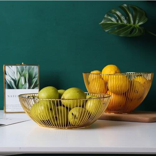 Gold-plated iron Nordic style simple fruit basket storage space large living room snack candy storage basket fruit Basin storage