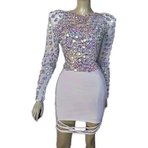 Multi-color Big Stones See Through Mesh Dress Evening Bar Birthday Celebrate Prom Dance Transparent Women Dancer Dress
