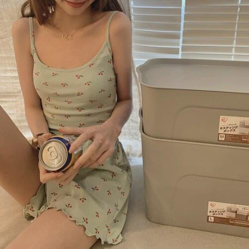 Sexy Cute Lolita Japanese Girl Summer Strap Camis Crop Top Hotpant Shorts Suit Flower Ribbed Cotton Two Piece Set Sleep Pajama