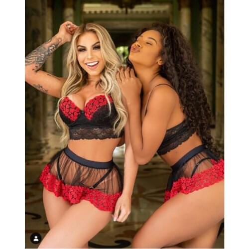 Sexy Lingerie Women Sleeveless Lace Mesh Peach Heart Print Crop Top Erotic Mini Skirt Suits Sex Costume Sets