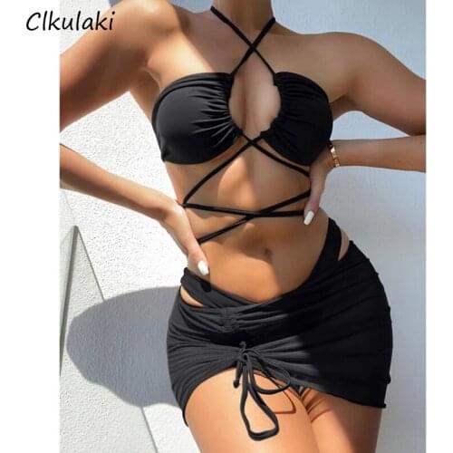 Sexy Halter Cross Bandage Bikinis Swimsuit Women Three Pieces With Skirt Bikini Set 2021 Swimwear Summer Beachwear Bathing Suits
