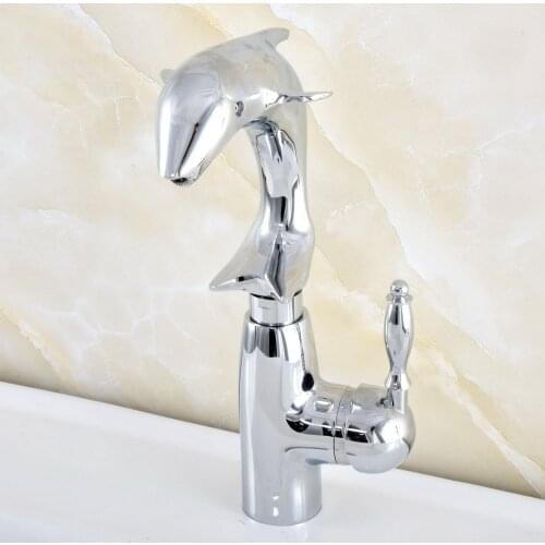 Silver Polished Chrome Brass Swivel Spout Single Handle Cute Animal Dolphin Style Bathroom Kitchen Sink Faucet Mixer Tap msf854