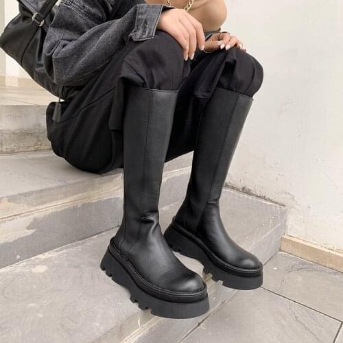 2021 Knee High Boots Women Shoes Natural Genuine Leather Platform Riding Chelsea Boots Ladies Long Boots Autumn Black 40