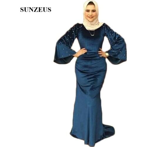Saudi Arabic Women Formal Evening Dresses Flare Sleeve Elegant Middle East Evening Gowns Sheath Velvet Nigth Party Gowns