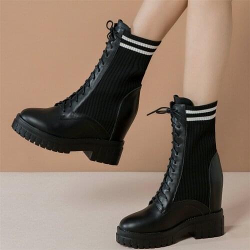 Knitting Creepers Women Cow Leather Wedges High Heel Ankle Boots Female Round Toe Chunky Platform Fashion Sneakers Casual Shoes