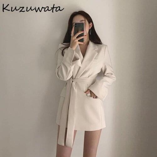 Collar Down Turn Long Sleeve Slim Blazer Women Slim Waist Sashes Solid Coat Femme Spring 2021 New All Match Clothing