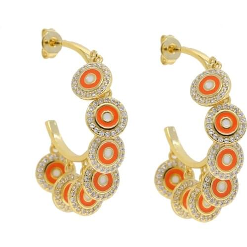 Gold Color Yellow Green Orangle Enamel Round Evil Eye Charm Lucky Fashion Turkish Eye Hoop Earring