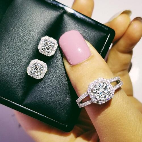 925 Sterling Silver Jewelry set halo Engagement ring round stud earring for Wedding Valentines Day gift Valentines Day J4946