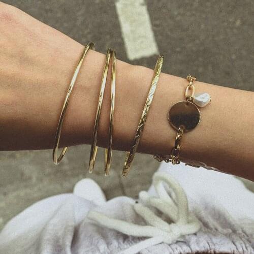 5PCS/Set Punk Style Faux Pearl Metal Chain Simply Bangle Women Jewelry Boho INS Hot