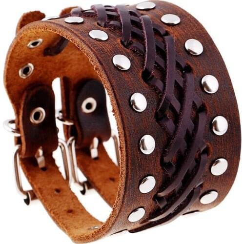 Punk Rock Men Wristbands Brown Wide Genuine Leather Cuff Bracelet Rivet Charms Bangle Women Biker Fashion Retro Vintage Jewelry