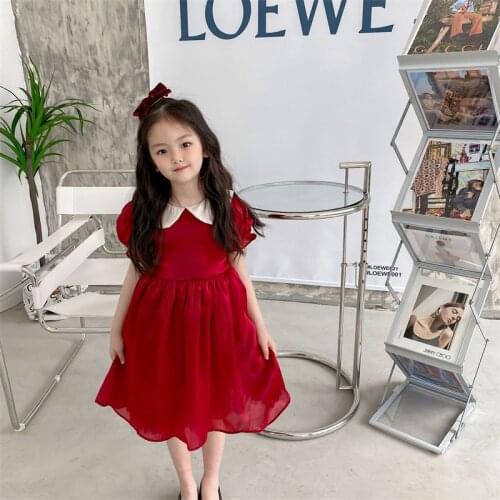 Teens Childrens Clothing Girls Dress Summer Dress Doll Collar Red Princess Dress Girl Summer