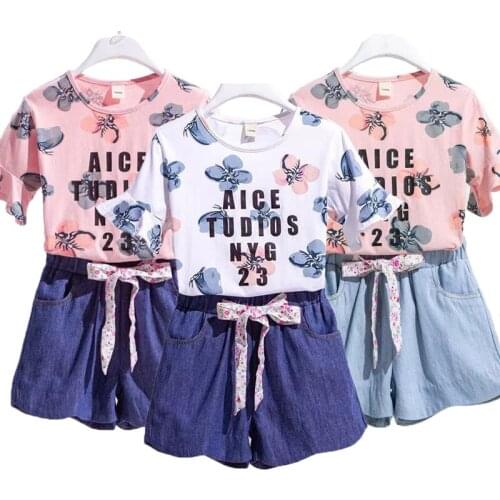 2-12 Years Girls Clothing Set Summer Cartoon Butterfly Lettler Cotton T-Shirt+Jeans 2Pcs Suit For kids Children Fashion Clothes