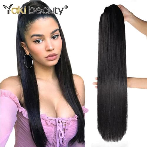 Long Straight Ponytail 24/30/32inch Synthetic Drawstring Ponytail Clip in Hair Ponytail for Women Black Color By YAKI BEAUTY