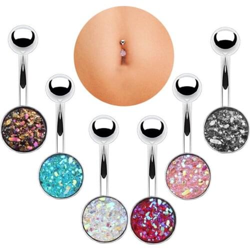 1-6PCS Synthetic Druzy Stone Round Belly Button Ring 14g Surgical Steel Mermaid Scales Navel Piercing Ring Piercing Belly Button