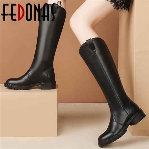 FEDONAS 2021 Autumn Winter Classic Women Knee-High Boots Brand Fashion Concise New Genuine Leather Thick Heels Long Shoes Woman