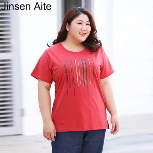 Jinsen Aite New Summer Printed Womens T-shirt Plus Size Short Sleeve O-Neck Casual Loose Top Cotton Vintage Tees Female JS858