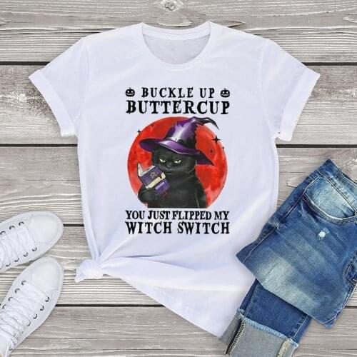 JKLPOLQ Vintage Womens T-Shirt Halloween Cat Buckle Up Buttercup You Just Flipped My Witch Funny Unisex T-Shirt Cotton Tee