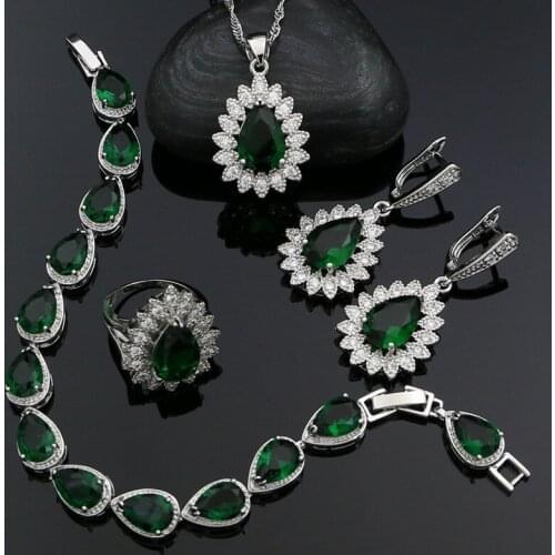 Green Stones 925 Sterling Silver Bridal Jewelry Sets For Women Water Drop Earrings Pendant Ring Bracelet Necklace Kit