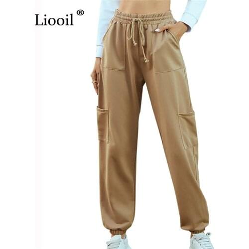 Liooil Khaki Baggy Sweatpants Women Sexy High Waist Trousers With Pockets 2021 New Streetwear Casual Jogging Female Harem Pants