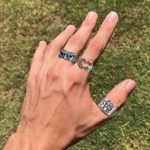 17KM Punk Cute Men and Women Blue Eyes Owl Ring Vintage Silver Color Animal Eagle Couple Rings Engagement Wedding Jewelry Gifts