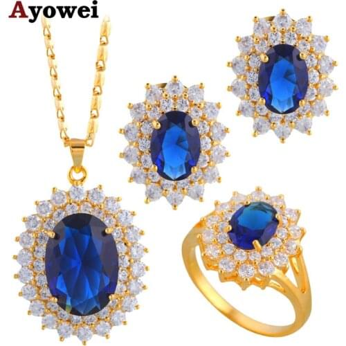 Gold Tone Zircon Blue Zircon Ring Earring Necklace Jewelry Set Crystal Nickel & Lead free #6.75 #7.5 JS076A