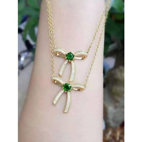 Natural green diopside stone Necklace natural gemstone Pendant Necklace S925 silver Fashion Elegant Butterfly bow Jewelry