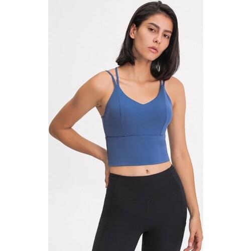 Nylon Buttery Soft Women Workout Crop Tank Bras Thin Strappy Back Longline Gym Top with Removable Padding