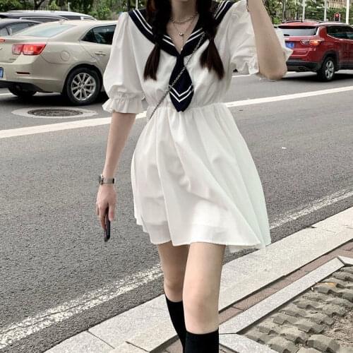 2021 Summer New Dress College Style Japanese Sweet Navy Collar Girl JK Fresh Temperament Cute A-line Skirt Age Reduction