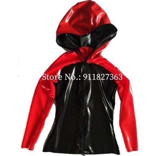 New Style 100% Latex Rubber Men Hooded Casual Black and Red Sports Long Sleeves Jacket With Front Zipper