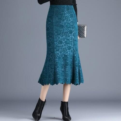 Autumn Winter Women High Waist Lace Thick Slim Plus Size Bodycon Fishtail Skirt Office Lady Elegant Casual Long Mermaid Skirts
