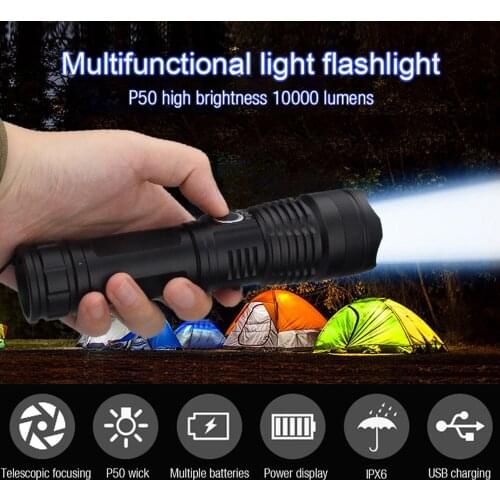 P50.2 Outdoor Strong Light LED Lighting Flashlight 5-Mode Telescopic Zoom Power Prompt Flashlight rechargeable lantern torch