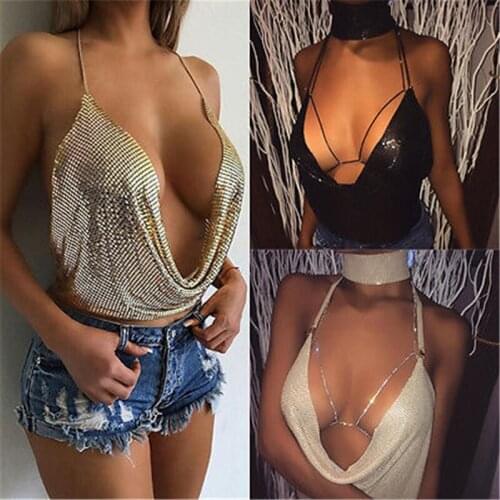 Summer Sexy Camis Elegant Metal Crop Top Club Backless Bralette Beach Halter Gold Sequined Party Women Tank Top Camisole
