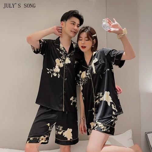 JULYS SONG Woman Pajamas Set 2 Pcs Faux Slik Female Sleepwear Summer Floral Printed Pyjamas Short Sleeve Suit Homewear Casual