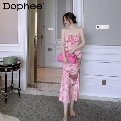 Pure Desire Sexy Floral High Waist Midi Dress Sheath Suspender Dress Pink Elegant Tube Top Dress Fishtail Dress for Female