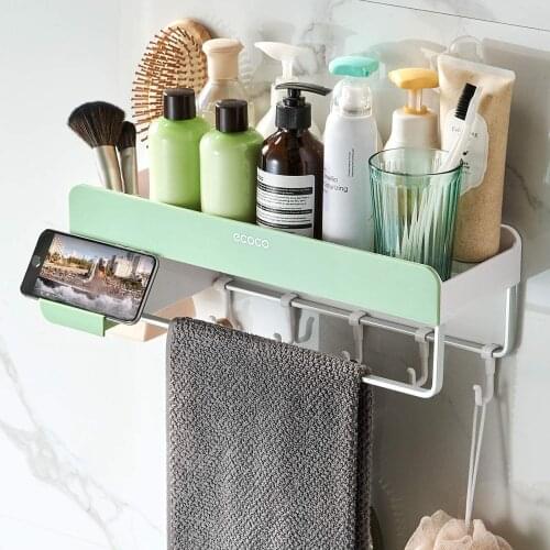 Bathroom Shelf with Towel Bar, Volpone Stick on Bathroom Kitchen Storage Organizer with Hooks, Suction Shower Shelf Wall Caddy