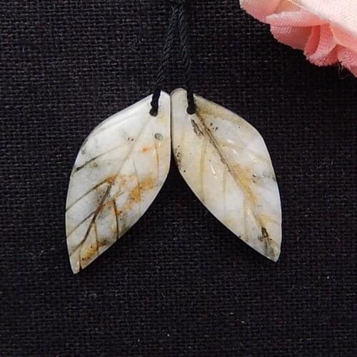 Semi-precious Stones Jewelry accessories Natural Pyrite Carved Leaf Earring Beads 28x12x4mm，4.2g