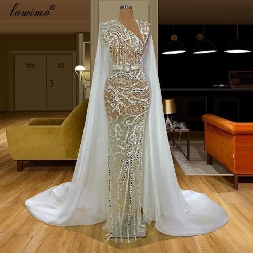 Dubai Sexy Transparent Evening Dress Mermaid Long Arabic Prom Dress With Cape Middle East Vestidos De Fiesta De Noche Custom