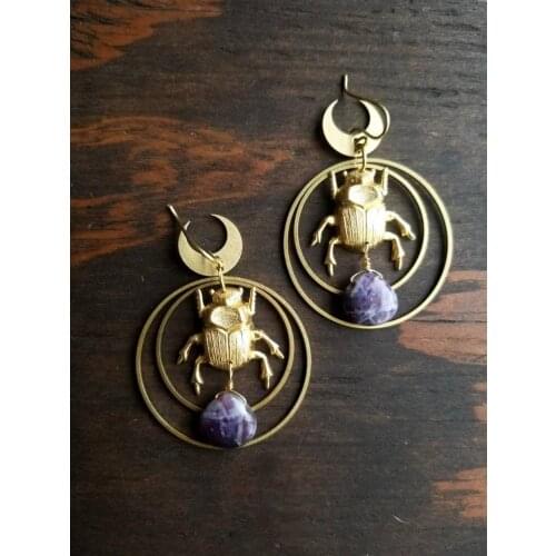 Scarab Earrings Amethyst Earrings Gold Plated Amethyst Jewelry Boho Bohemian Gift for Her