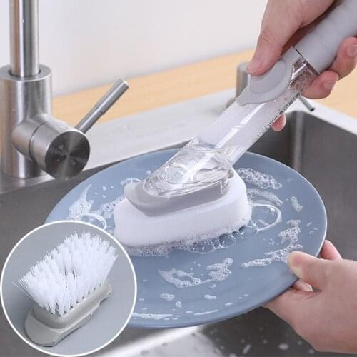 Kitchen Cleaning Brush 2 In 1 Long Handle Cleaing Brush With Removable Sponge Dispenser Dishwashing Brushes Kitchen Supplies
