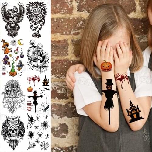 Pumpkin Ghost Halloween Temporary Tattoos For Kids Women Compass Owl Lion Fake Tattoo Sticker Washable Party Tattoo Face Neck