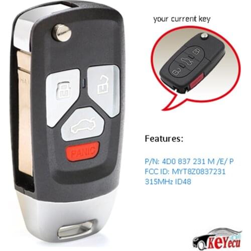 KEYECU Replacement Upgraded Replacement Flip Remote Key Fob 315MHz ID48 for Audi TT A4 A6 A8 97-05 FCC ID: MYT8Z0837231