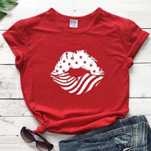 Distressed American Flag Lips T-shirt Funny 4th Of July Patriotic Tshirt Women Fashion Short Sleeve Graphic Holiday Tee Top